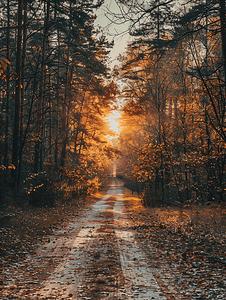 秋天日落时美丽的树林与公路美景