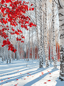 冬天树林摄影照片_冬日暖阳雪地上的白桦林红叶