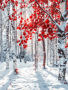 冬日暖阳雪地上的白桦林红叶