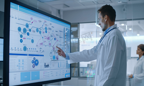 数据大屏背景摄影照片_医生滑动大屏做疾病统计