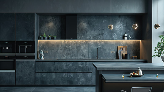 深灰色开放厨房橱柜高清摄影图