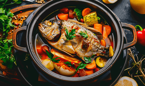 海鲜火锅食材摄影照片_巴沙鱼火锅配菜