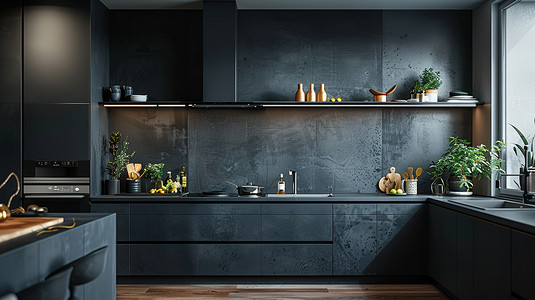 深灰色开放厨房橱柜摄影图