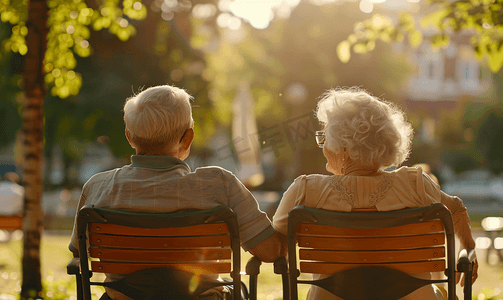 晚年生活摄影照片_老年夫妇坐公园椅子背影
