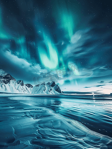冬季星空摄影照片_海滩上的北极光夜间冬季景观