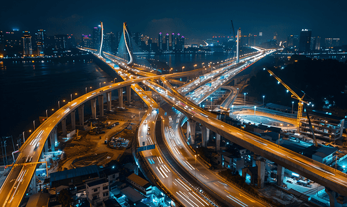 跨海大桥建筑车轨夜景城市建设