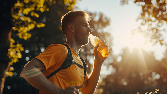 一个运动的男子正在喝运动饮料补充水分
