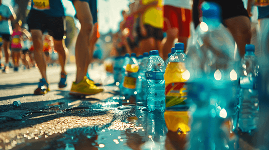 跑马拉松的人正在准备喝水
