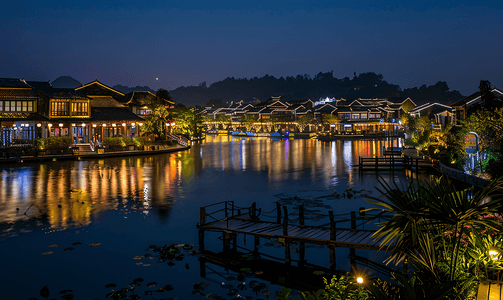 浙江湖州南浔古镇的夜色美景