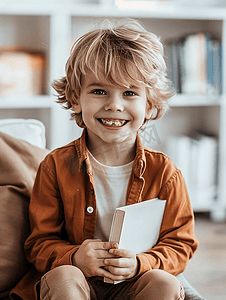 成长读书摄影照片_拿着书本坐在书旁的快乐男孩