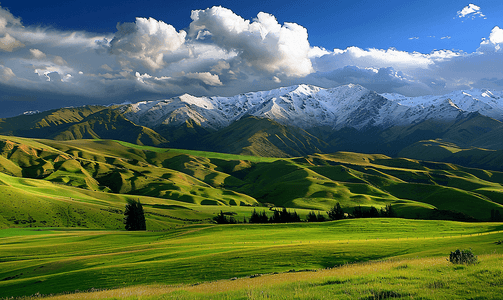 新西兰高山摄影照片_新西兰高山下的牧场