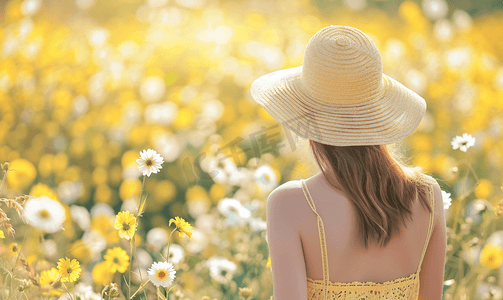 可爱系摄影照片_享受阳光的夏日女性背影