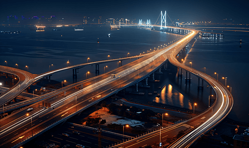 夜景大海摄影照片_跨海大桥建筑车轨夜景城市建设