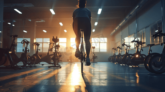 女性在健身房内使用动感单车进行健身运动
