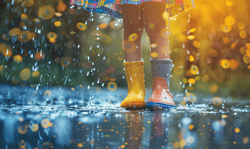 雨鞋图片摄影照片_下雨天穿雨鞋的小朋友玩水