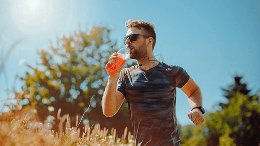 一个在阳光下跑步的男人正在喝运动饮料