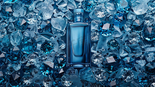 蓝色立体质感摄影照片_质感蓝色水晶小瓶立体描绘摄影照片