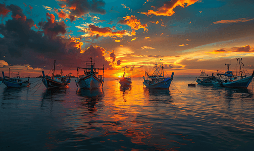 海边简约背景图片摄影照片_夕阳下的渔船