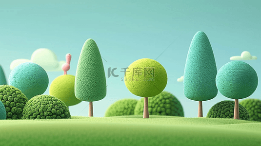 春天3D可爱风绿色毛绒绒的树背景图片