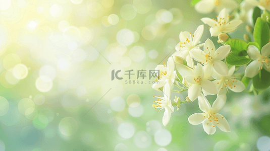 春天散焦虚化白色花朵绿色光影背景