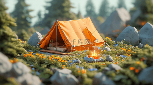 景色素材背景图片_春季旅游3D帐篷度假露营场景背景素材