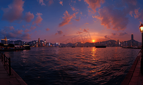 香港地标摄影照片_香港维多利亚港日落全景