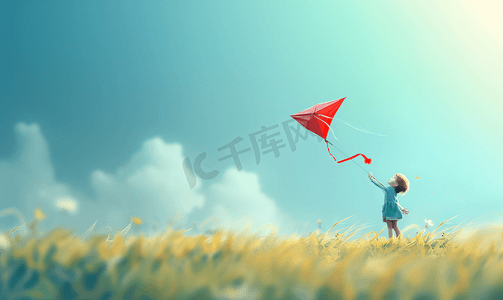 小女孩草坪上放风筝