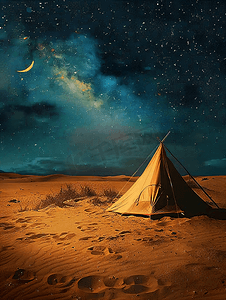 沙漠帐篷露营摄影照片_沙漠露营月亮