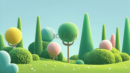 风草地背景图片_春天3D可爱风绿色毛绒绒的树背景图片