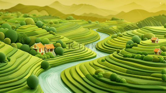 开阔风景背景图片_3D渲染的春天里的绿色田园风景图片
