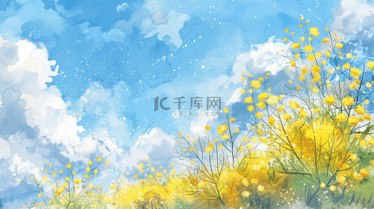春天手绘蓝天白云树枝花草的背景10