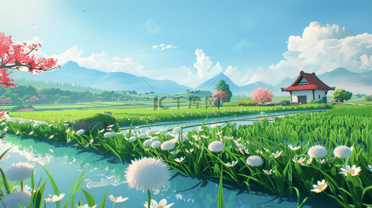春日里背景图片_可爱风3D渲染春天里的绿色田园风景1素材