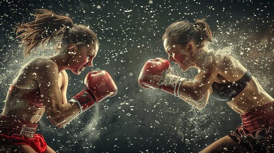 少年搏击摄影照片_两名女性进行拳击搏击比赛训练