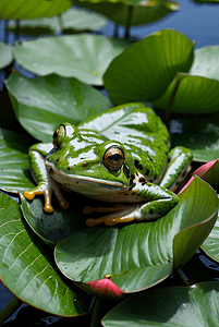 荷叶上的绿色青蛙摄影图9