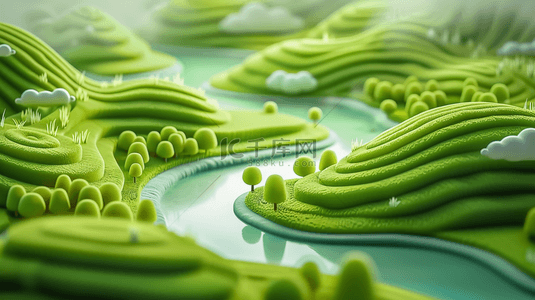 春天绿色旅游背景图片_3D渲染春天绿色梯田茶园风景场景设计