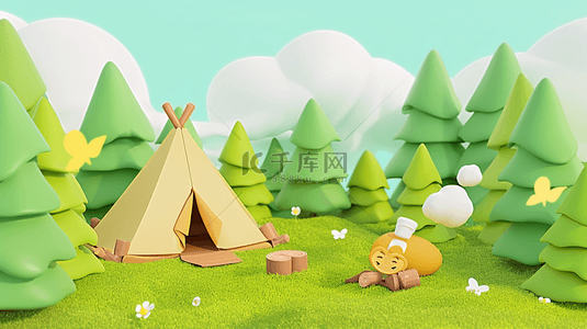 草坪帐篷绘画背景图片_3D春季旅游度假露营场景背景图