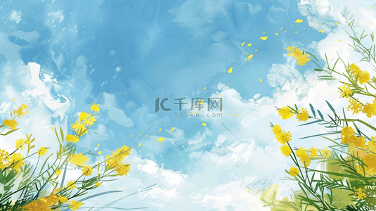 黄花背景图片_春天手绘蓝天白云树枝花草的背景2