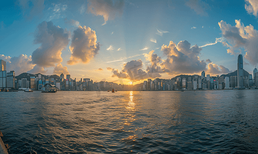 香港地标摄影照片_香港维多利亚港日落全景