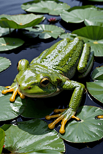 荷叶上的绿色青蛙摄影图