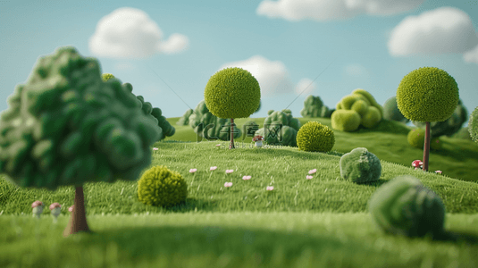 毛绒草坪背景图片_春天3D可爱风绿色毛绒绒的树背景图片