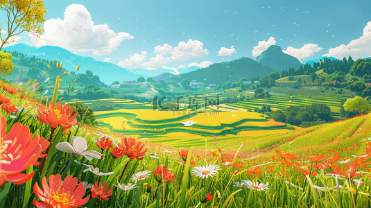 可爱风3D渲染的春天里的绿色田园风景设计