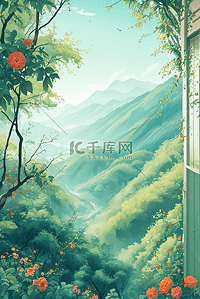 山峰花朵背景图片_手绘山水风景背景