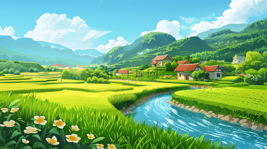 风草地背景图片_3D渲染的春天里的绿色田园风景设计