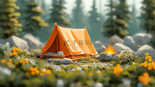 春季旅游3D帐篷度假露营场景背景图