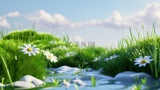 草地绿色的草地背景图片_春天绿色3D展台水面上的展台场景图片
