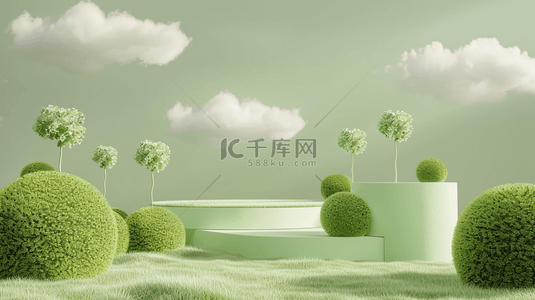 风现代背景图片_可爱风春季3D绿色电商展台场景设计图
