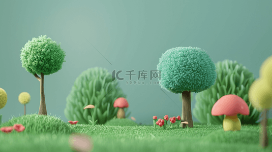 毛绒草坪背景图片_春天3D可爱风绿色毛绒绒的树设计