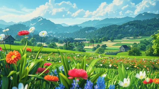 可爱风3D渲染的春天里的绿色田园风景设计