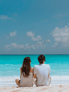 卡通小猫猫背影摄影照片_海边情侣坐在沙滩看大海背影