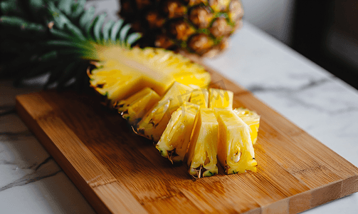 热带素材摄影照片_砧板上的新鲜菠萝片